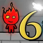 Personaje animate, unul roșu cu flăcări și unul albastru cu picături de apă, în fața unui număr șase galben, cu un fluture deasupra