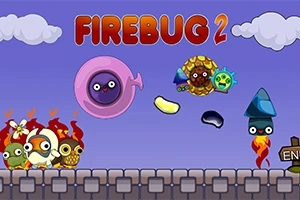 Creaturi desenate, colorate și animate, pe un fundal albastru cu nori albi și pietre gri, cu textul Firebug 2 deasupra
