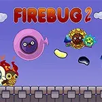 Creaturi desenate, colorate și animate, pe un fundal albastru cu nori albi și pietre gri, cu textul Firebug 2 deasupra