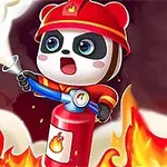 Un panda îmbrăcat ca pompier folosește un extinctor pentru a stinge flăcările