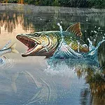 Un pește mare atacă un pește mai mic într-un lac, cu apă stropind în jur