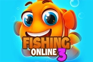 Pe un fundal albastru deschis cu bule, un pește portocaliu și zâmbitor este însoțit de textul FISHING ONLINE 3