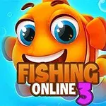 Pe un fundal albastru deschis cu bule, un pește portocaliu și zâmbitor este însoțit de textul FISHING ONLINE 3