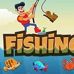 Un personaj animat pescuiește o cizmă deasupra titlului „FISHING