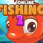 Peștișor portocaliu zâmbitor suprapus peste un fundal acvatic, cu text mare galben FISHING 2 și ONLINE deasupra