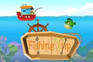 Un băiat pescuiește dintr-o barcă roșie pe apă albastră, cu un pește verde și o placă de lemn cu inscripția Fishing Trip