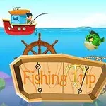 Un băiat pescuiește dintr-o barcă roșie pe apă albastră, cu un pește verde și o placă de lemn cu inscripția Fishing Trip