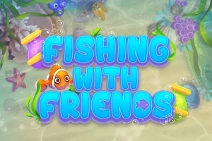 Text albastru Fishing with Friends înconjurat de elemente marine colorate și peștișori într-un decor acvatic