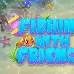 Text albastru Fishing with Friends înconjurat de elemente marine colorate și peștișori într-un decor acvatic