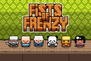 Text stilizat cu Fists of Frenzy deasupra unor personaje pixel art aliniate pe un fundal verde