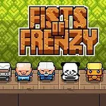 Text stilizat cu Fists of Frenzy deasupra unor personaje pixel art aliniate pe un fundal verde