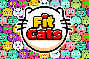 Logo-ul “Fit Cats” pe un fundal colorat cu fețe de pisici în diverse culori
