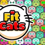 Logo-ul “Fit Cats” pe un fundal colorat cu fețe de pisici în diverse culori