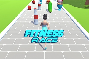 Personaj feminin alergând pe un traseu cu diverse alimente și obstacole, cu textul „Fitness Race” deasupra
