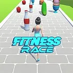 Personaj feminin alergând pe un traseu cu diverse alimente și obstacole, cu textul „Fitness Race” deasupra