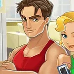Doi tineri desenați stau umăr la umăr într-un interior modern, băiatul purtând un maiou roșu și fata având părul blond prins, cu căști în urechi și un telefon în mână
