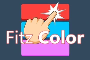 Mână care atinge un dreptunghi roșu, deasupra unor dreptunghiuri albastru și mov, cu textul Fitz Color suprapus