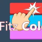 Mână care atinge un dreptunghi roșu, deasupra unor dreptunghiuri albastru și mov, cu textul Fitz Color suprapus