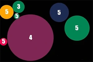 Cercuri colorate de diverse dimensiuni cu numere în interior pe un fundal negru