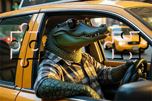 Un crocodil purtând o cămașă în carouri și ochelari de soare conduce un taxi galben