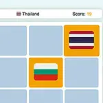 Joc tip puzzle cu pătrate colorate și steaguri, afișând nivelul, un steag al Thailandei în partea de sus și scorul