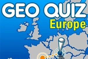 Harta Europei cu un indicator plasat pe un punct central și text mare GEO QUIZ Europe deasupra