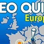 Harta Europei cu un indicator plasat pe un punct central și text mare GEO QUIZ Europe deasupra