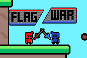 Două personaje pixelate, unul roșu și unul albastru, ținând câte un steag, pe un fundal de platformă de joc retro, cu textul Flag War deasupra