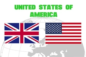 Drapelele Marii Britanii și Statelor Unite pe un fundal alb cu textul United States of America deasupra