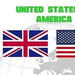Drapelele Marii Britanii și Statelor Unite pe un fundal alb cu textul United States of America deasupra