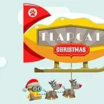 Un dirijabil galben cu numele Flapcat Christmas și un robot cu pălărie de Moș Crăciun, alături de doi reni