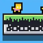Două personaje pixelate colorate, unul cu tricou roz și celălalt cu tricou galben, stau pe o platformă verde cu un design geometric alb-negru pe fundal albastru
