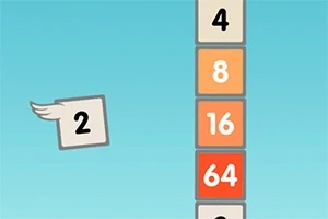 Flappy 2048 Blocuri numerotate în culori diferite, cu un fundal albastru și un bloc cu numărul 2 având aripi