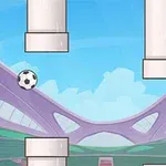 O minge de fotbal planând printre tuburi mari albe pe un fundal de stadion futurist și cer albastru