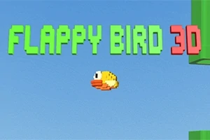 Un pește galben pixeli zburând în fața unui fundal albastru, cu cuvintele FLAPPY BIRD 3D deasupra