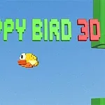 Un pește galben pixeli zburând în fața unui fundal albastru, cu cuvintele FLAPPY BIRD 3D deasupra