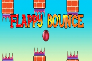 Cărămizi colorate în partea de sus și de jos cu textul Flappy Bounce și o minge roșie în centru pe un fundal albastru