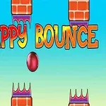 Cărămizi colorate în partea de sus și de jos cu textul Flappy Bounce și o minge roșie în centru pe un fundal albastru