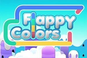 Textul „Flappy Colors” în culori pastelate pe un fundal animat cu nori și coloane mov