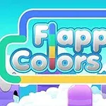 Textul „Flappy Colors” în culori pastelate pe un fundal animat cu nori și coloane mov