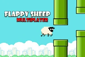 O oaie pixelată zboară între țevi verzi pe un fundal cu cer albastru și oraș stilizat, având textul Flappy Sheep Multiplayer în colțul din stânga sus