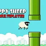 O oaie pixelată zboară între țevi verzi pe un fundal cu cer albastru și oraș stilizat, având textul Flappy Sheep Multiplayer în colțul din stânga sus