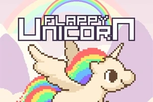 Unicorn pixelat cu aripi și coadă curcubeu, în fața unui fundal cu curcubee și nori, având textul Flappy Unicorn deasupra