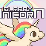 Unicorn pixelat cu aripi și coadă curcubeu, în fața unui fundal cu curcubee și nori, având textul Flappy Unicorn deasupra