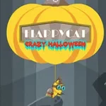 Un balon în formă de dovleac cu inscripția Happy Cat Crazy Halloween ridică un personaj animat cu pălărie și ochelari