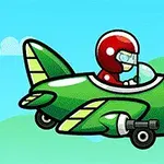 Personaj cu cască roșie pilotând un avion verde într-un peisaj albastru și verde simplificat