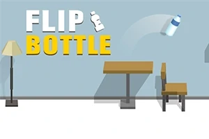 Lampa, masă și scaun stilizat alături de o sticlă animată, pe fundal albastru, cu textul FLIP BOTTLE în stânga sus