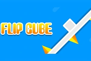 Textul FLIP CUBE într-un stil boldat, cu un cub alb pe o platformă înclinată peste un fundal albastru