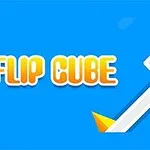 Textul FLIP CUBE într-un stil boldat, cu un cub alb pe o platformă înclinată peste un fundal albastru