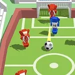Joc de fotbal cu jucători stilizați în roșu și albastru pe un teren mic, cu o minge în mișcare spre poartă